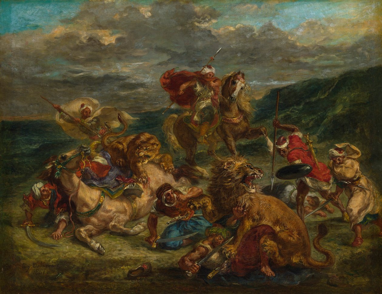 Caza del león de Eugène Delacroix