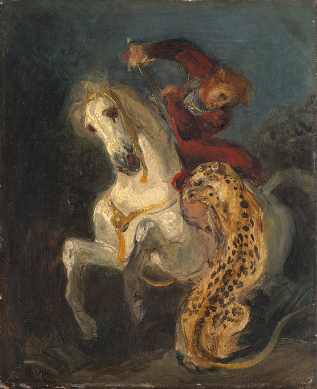 Jinete atacado por un jaguar de Ferdinand Victor Eugene Delacroix