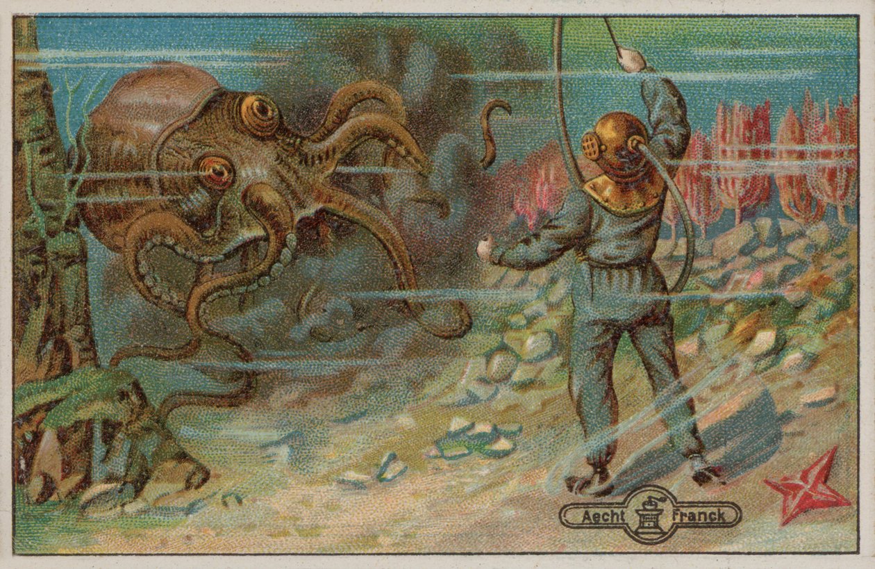 Un buceador amenazado por un pulpo (cromolito) de European School