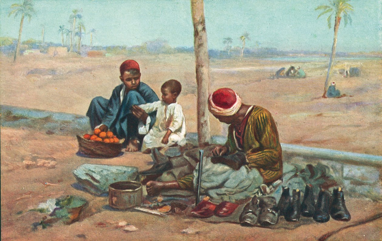 Zapatero y niños, Egipto (litografía en color) de European School