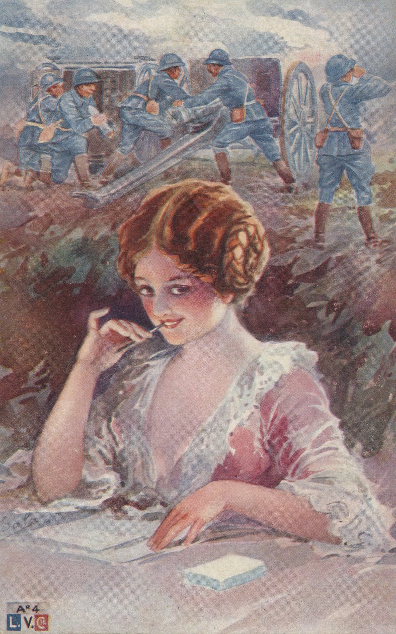 Niña escribiendo a un soldado (litografía en color) de European School