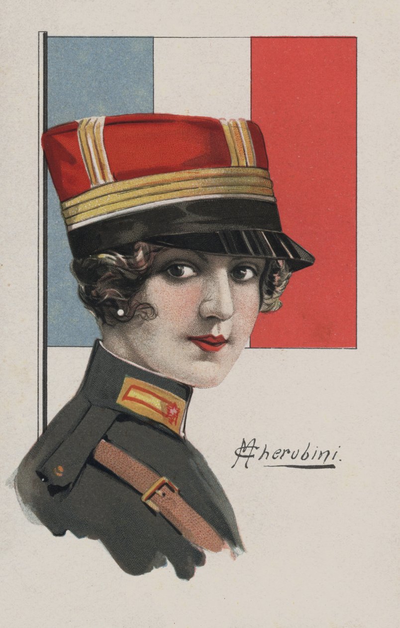 Mujer de uniforme, Francia (litografía en color) de European School