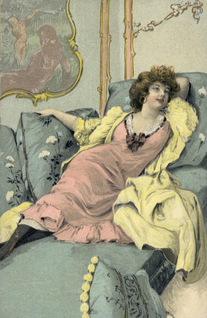 Mujer recostada en un sofá (litografía en color) de European School