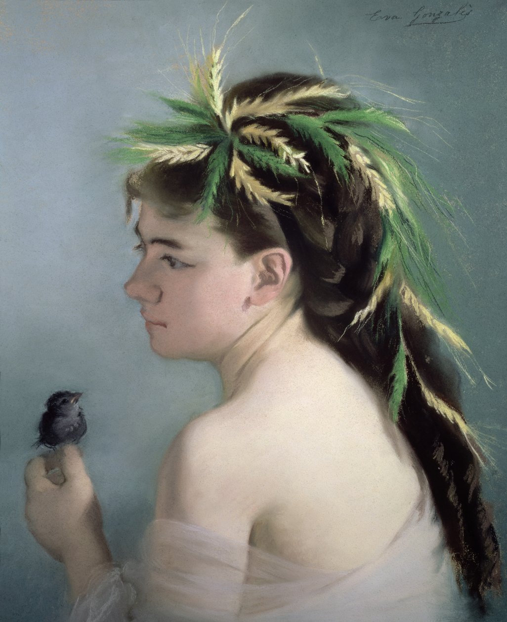Retrato de una niña sosteniendo un gorrión de Eva Gonzalès