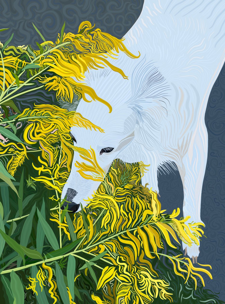 Perro blanco y vara de oro (arte digital) de Evan Sklar