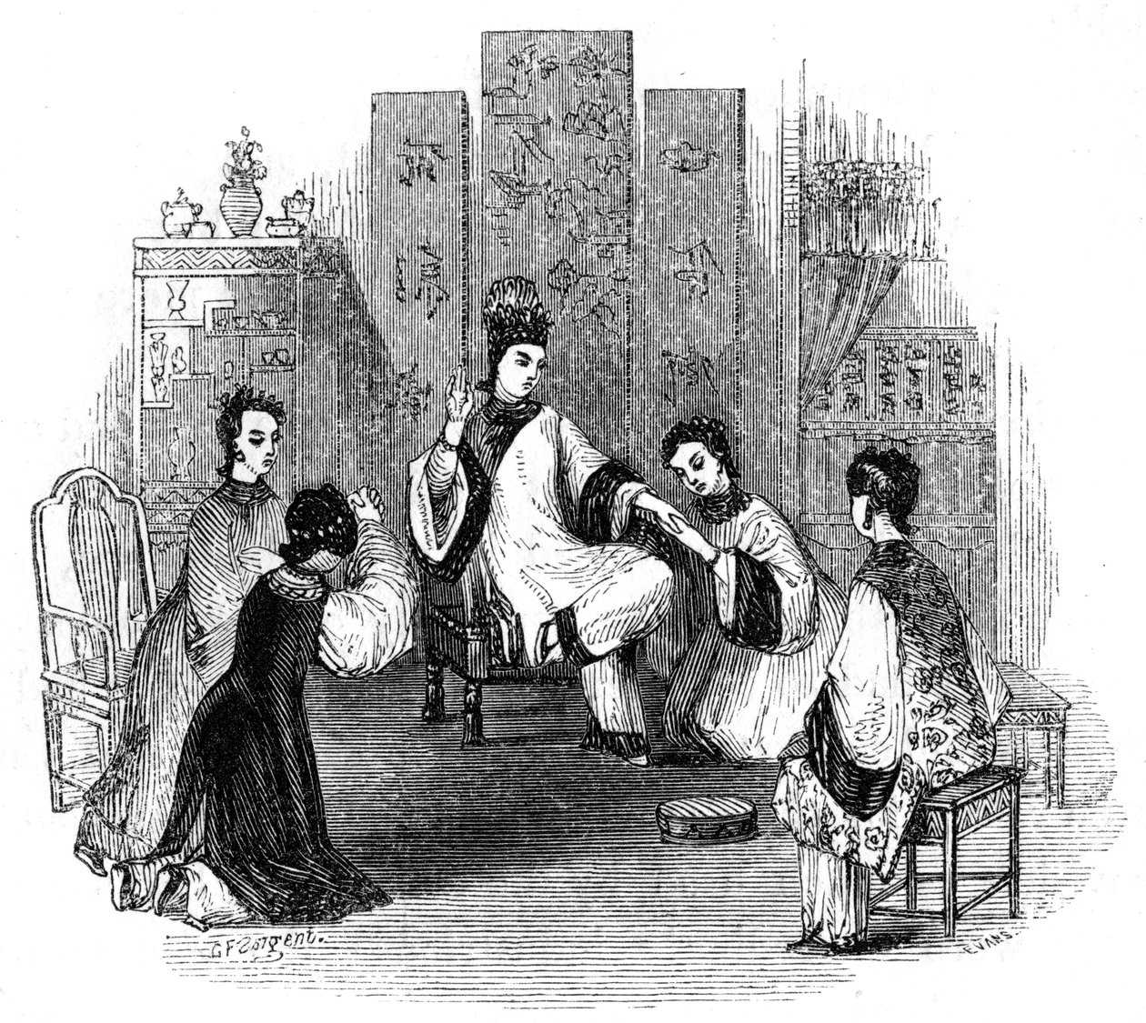 Doncellas chinas llorando con una novia, 1847 de Evans