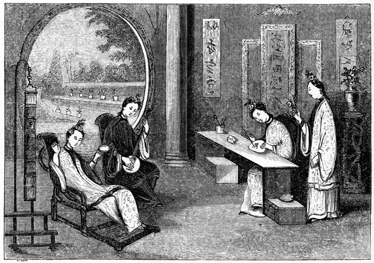 Escena doméstica, damas en sus ocupaciones habituales, 1847 de Evans