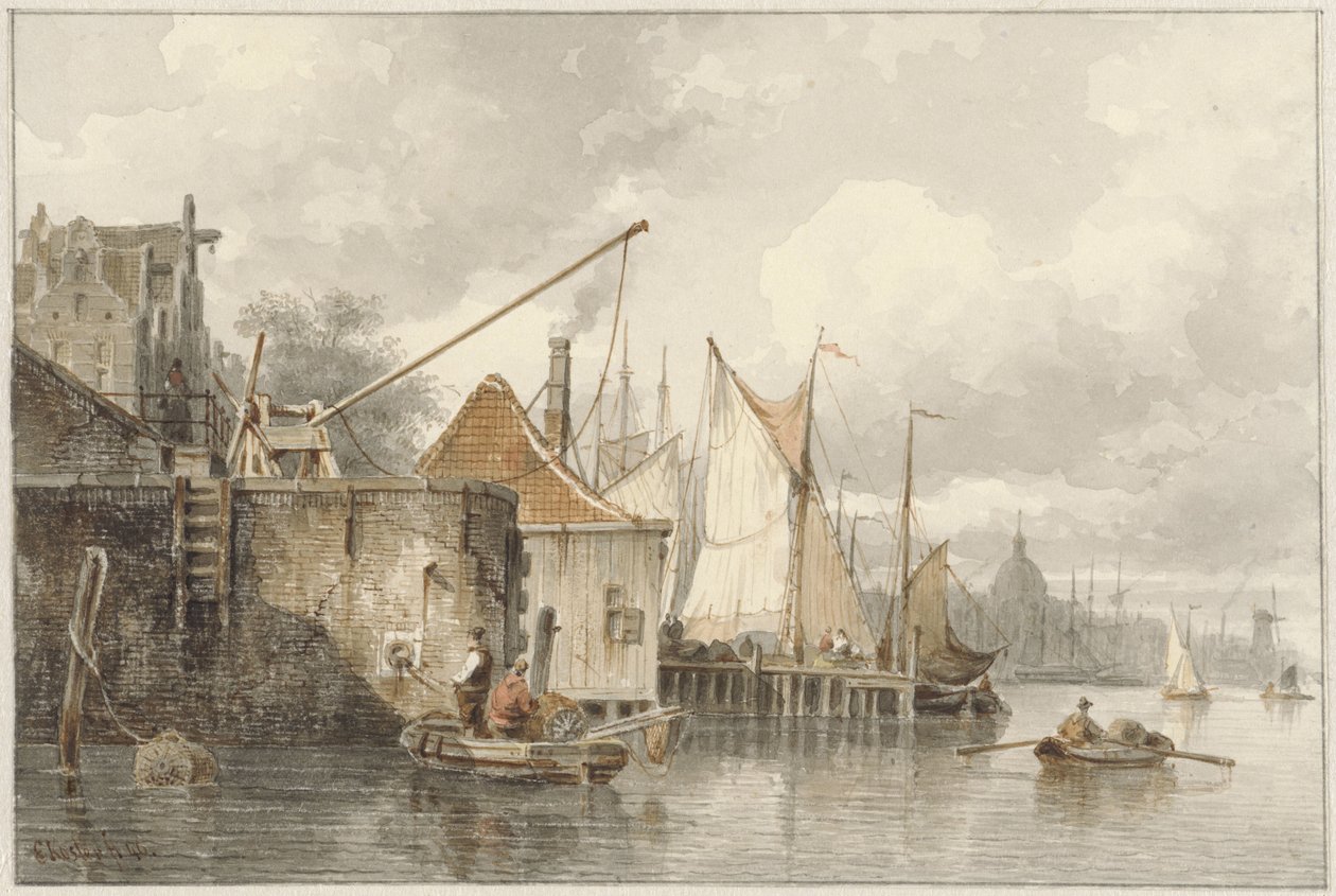 Barcos en un muelle de Everhardus Koster