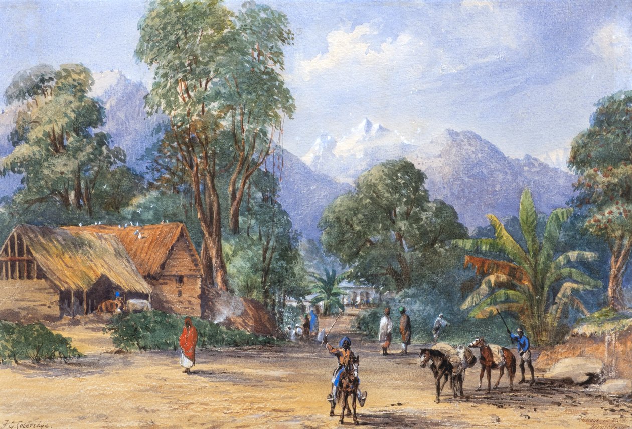 Aldea en el Himalaya (acuarela) de F.G. Coleridge