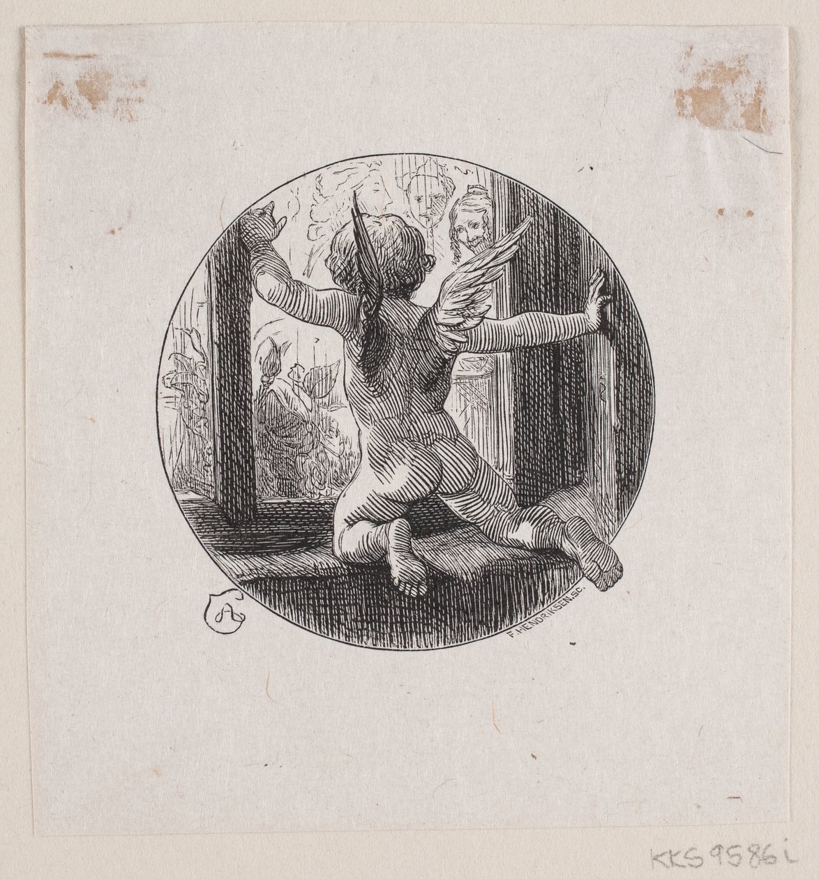 Vignette circular con ángel volador de F. Hendriksen