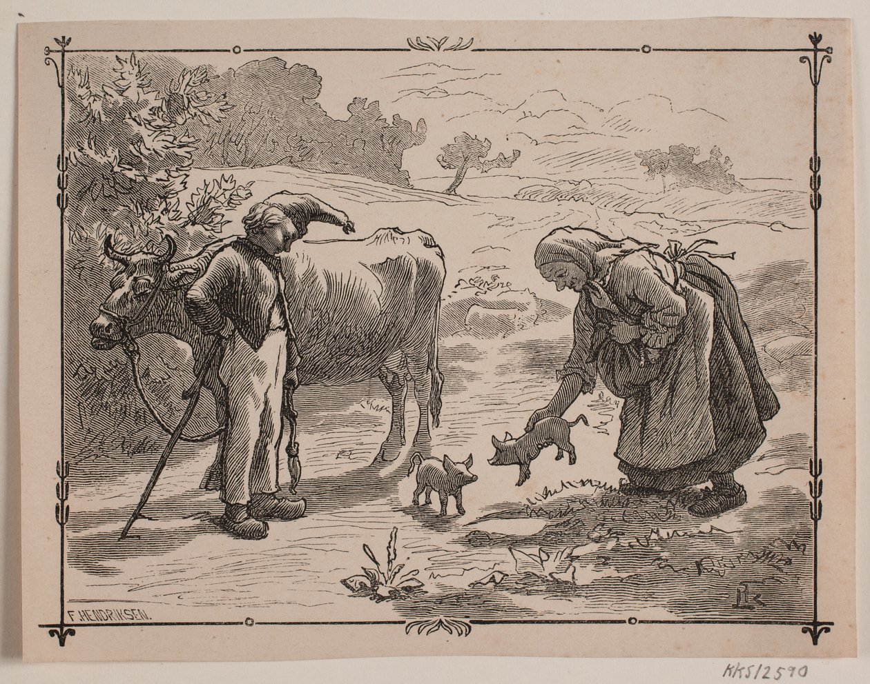 Ilustración del cuento popular "Los tres cerditos" de F. Hendriksen