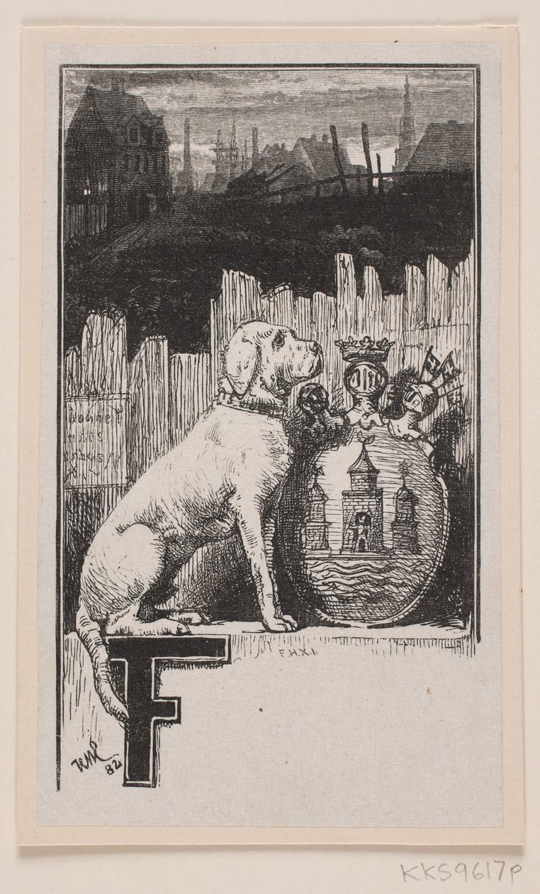 Vignette Inicial."F" con un perro y el escudo de armas de Copenhague de F. Hendriksen