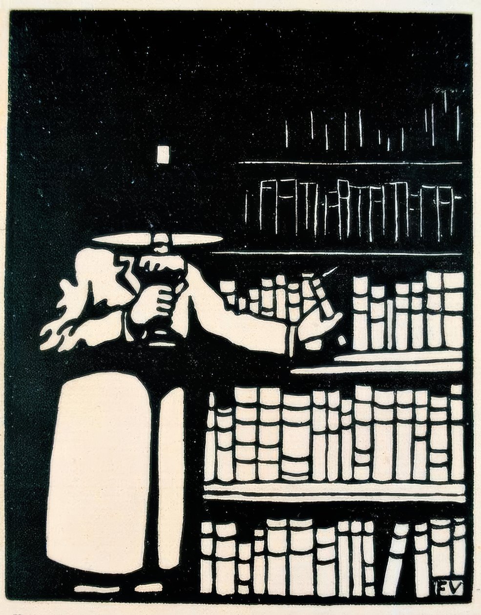 Bibliófilo con lámpara en su biblioteca de Felix Edouard Vallotton