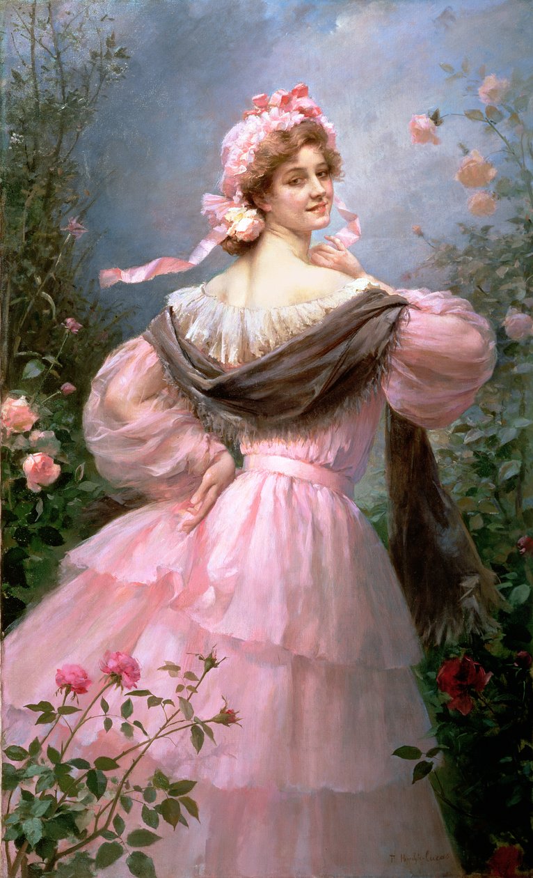 Mujer elegante en un jardín de rosas de Felix Hippolyte Lucas