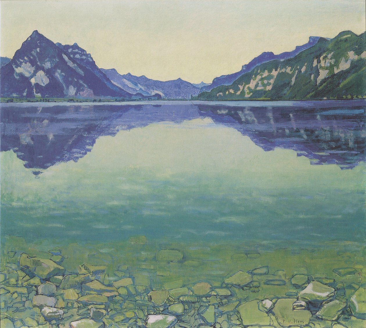 Lago de Thun con reflejo simétrico al amanecer de Ferdinand Hodler