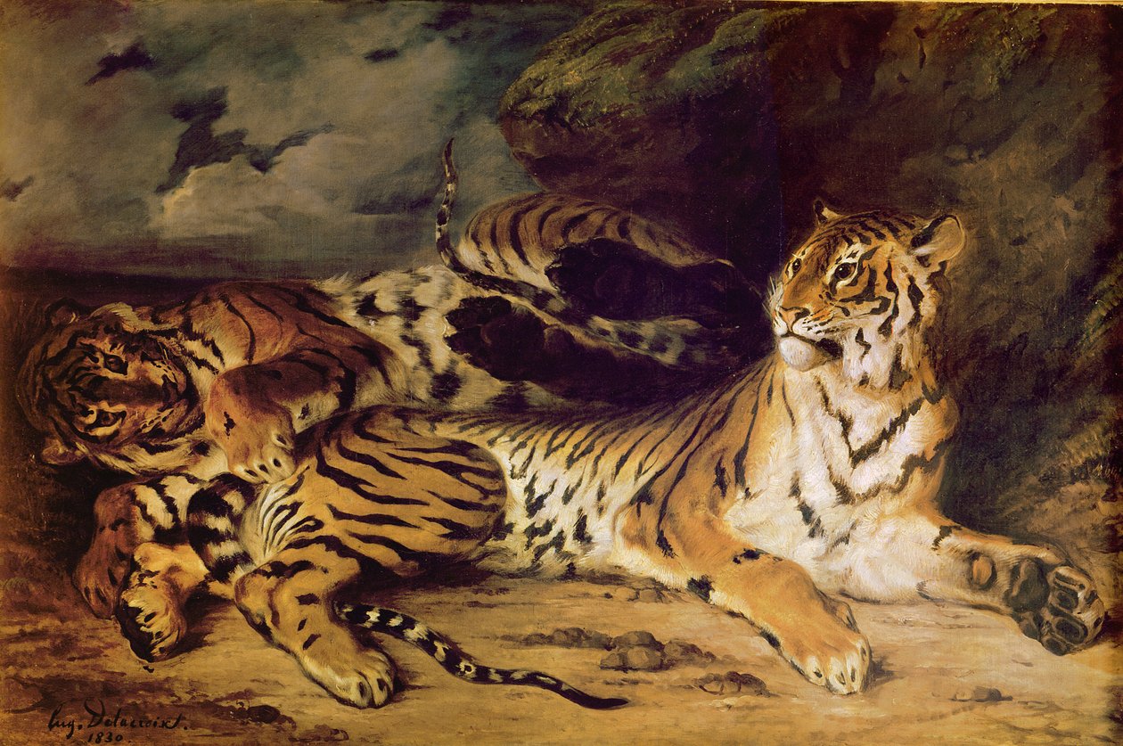 Joven tigre jugando con su madre, 1830 de Ferdinand Victor Eugene Delacroix