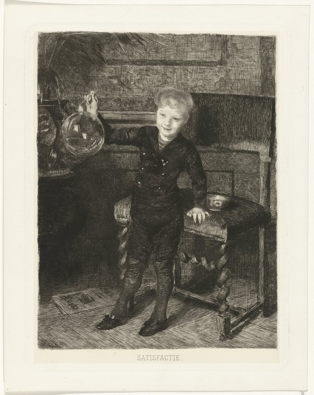 Niño haciendo burbujas Satisfacción (título sobre el objeto) de Ferdinand Oldewelt