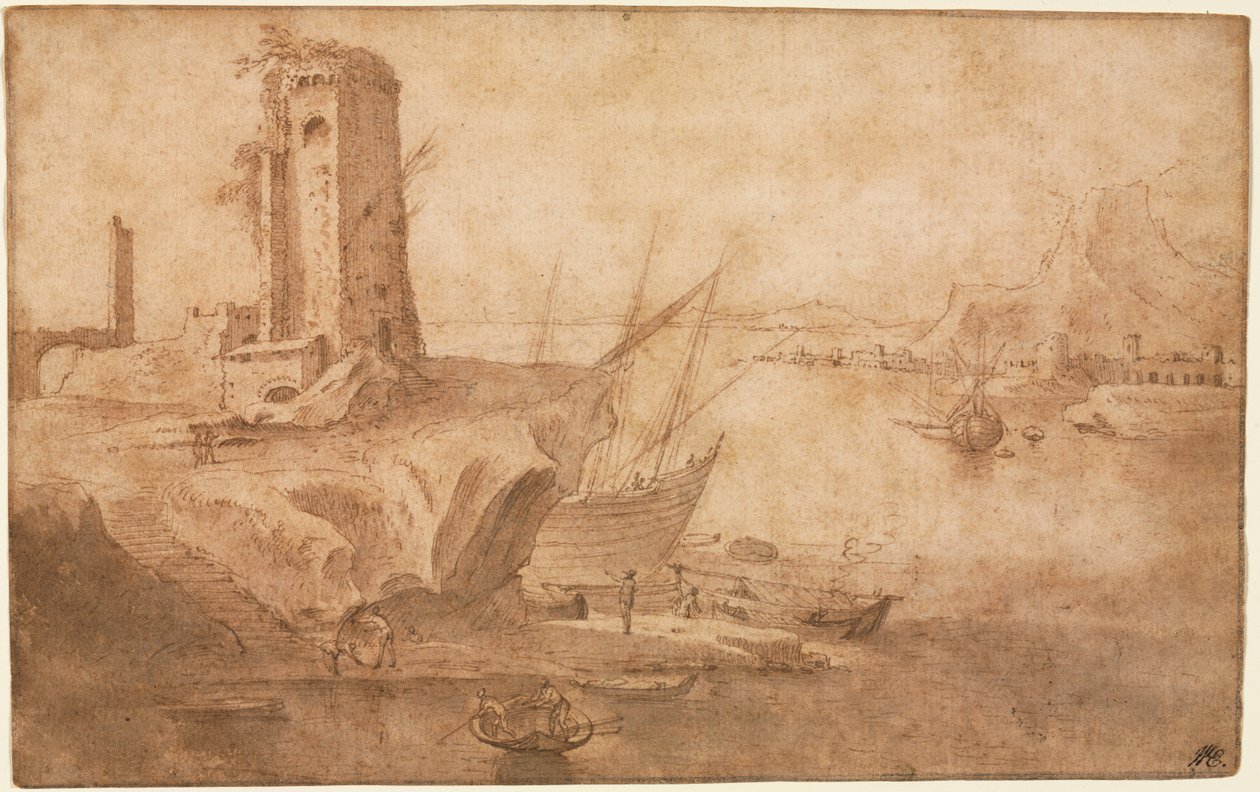 Paisaje con torre en la costa, 1600-1614 de Filippo Napoletano