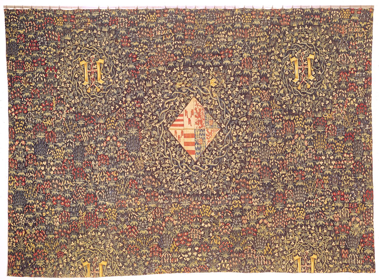 Mille fleurs con el escudo de armas de Jacqueline de Luxemburgo (n.1439) de Flemish School
