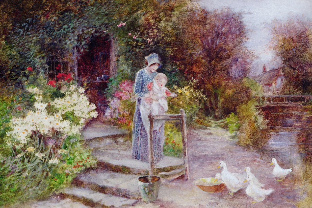 Mujer y niño en un jardín de cabaña de Florence Agnes Mackay