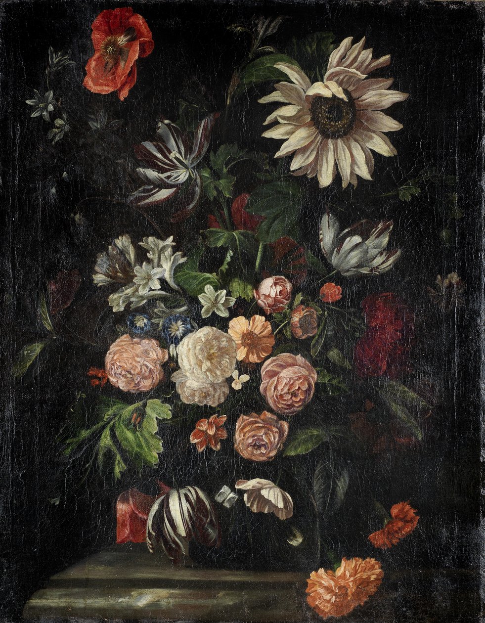 Rosas, tulipanes, amapolas, un girasol y otras flores de Follower of Ernst Stuven