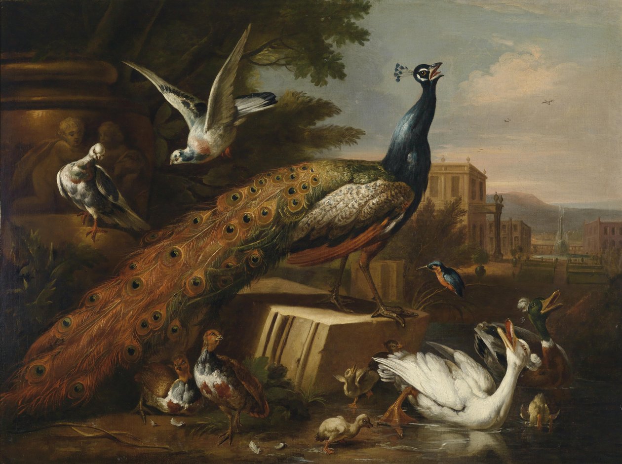 Un pavo rodeado de palomas, gallinas y aves acuáticas en un parque del castillo de Follower of Pieter Casteels III