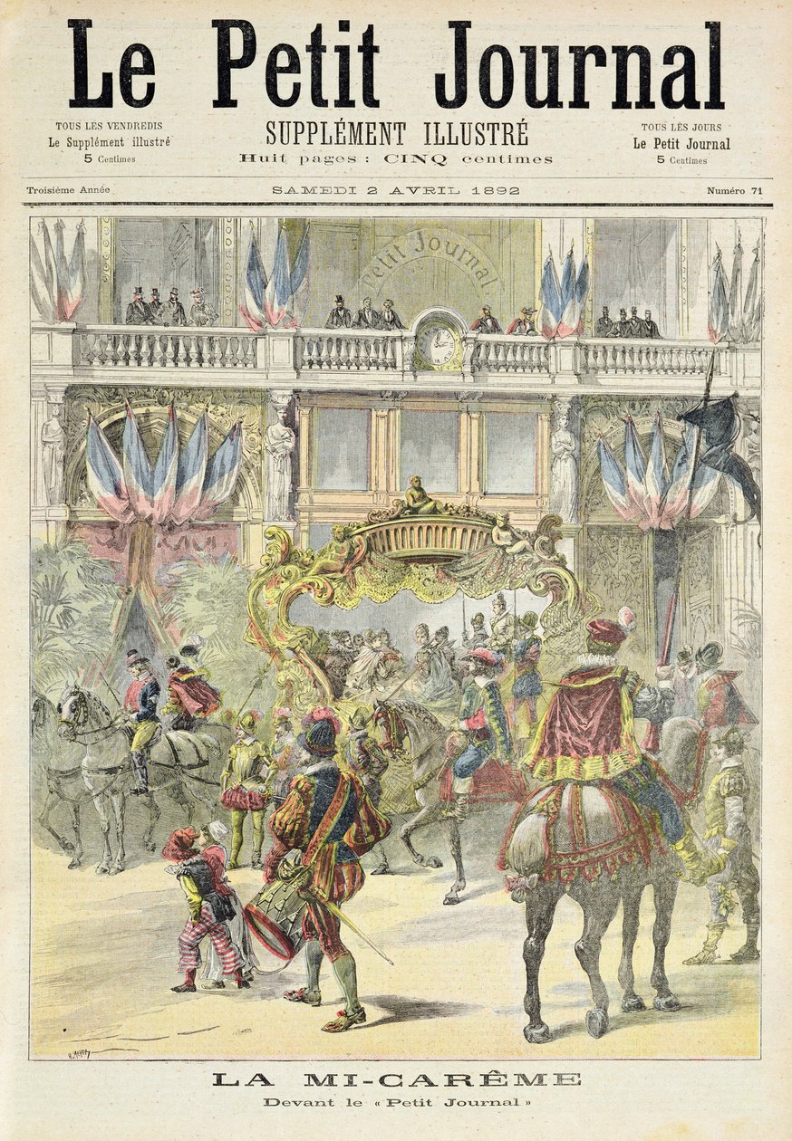 Página de título que representa el desfile de mitad de Cuaresma frente a las oficinas del Petit Journal, ilustración del suplemento ilustrado de Le Petit Journal, 2 de abril de 1892 de Fortune Louis Meaulle and Henri Meyer