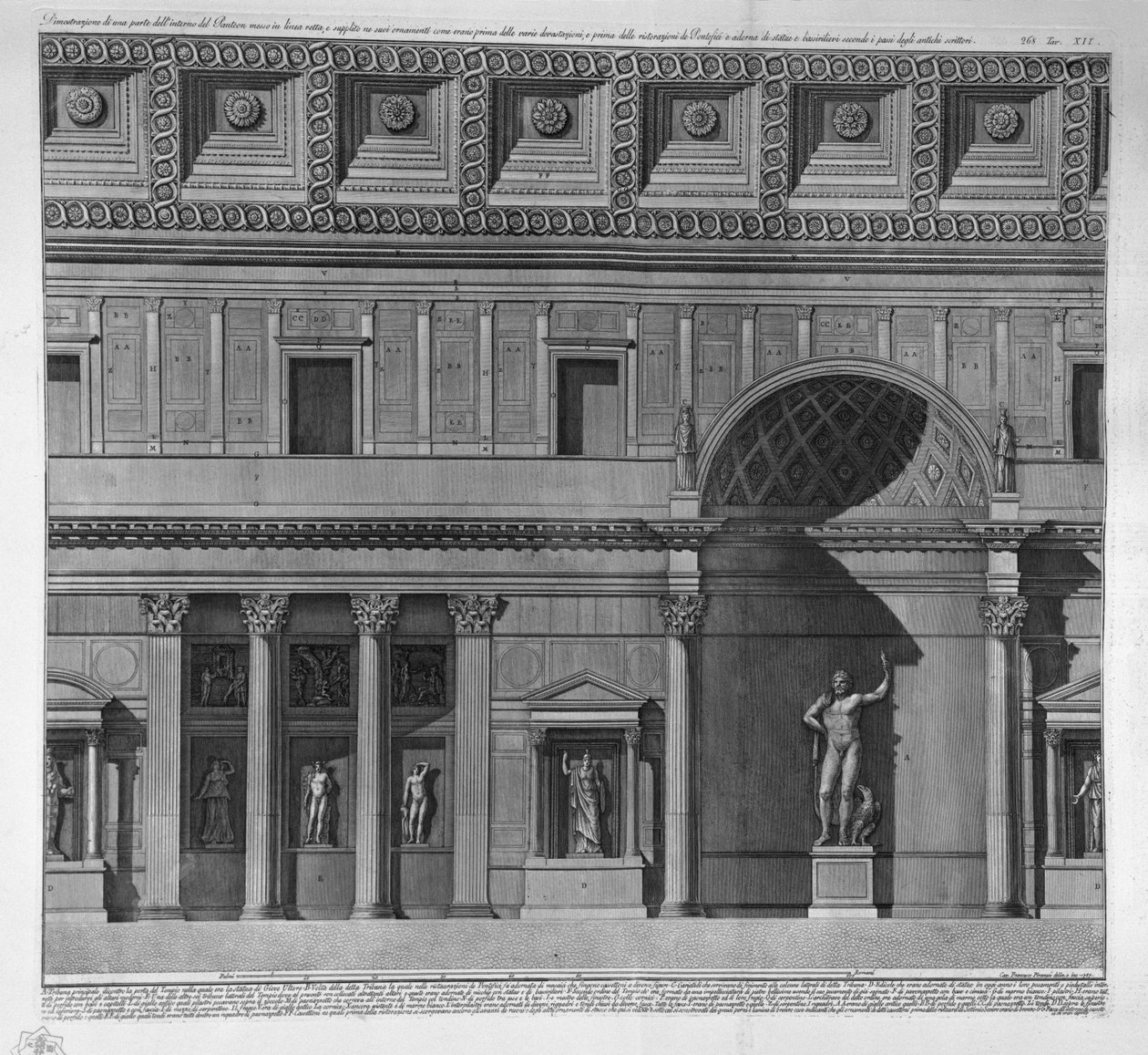 Demostración de una parte del interior del Panteón en línea recta, adornado con estatuas y bajorrelieves según los antiguos escritos de Francesco Piranesi
