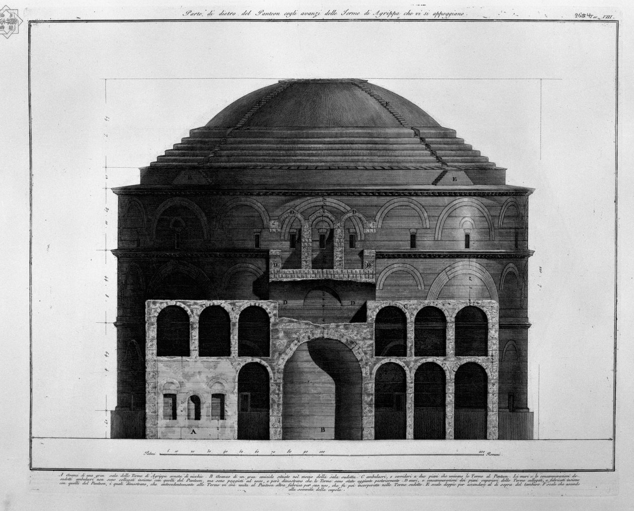 Parte trasera del Panteón con los restos de las Termas de Agripa, que se apoyan en él de Francesco Piranesi