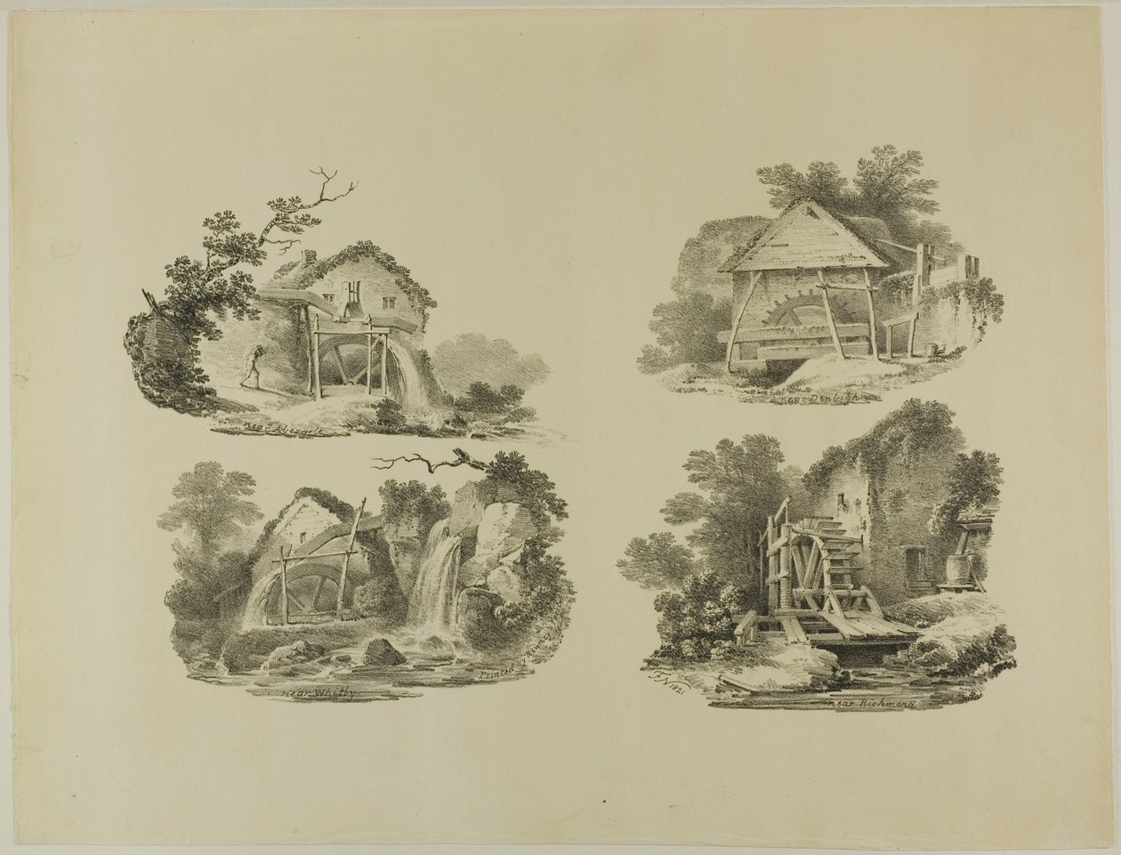 Ruedas de molino cerca de Abergele, Denbigh, Whitby, Richmond de Francis Nicholson