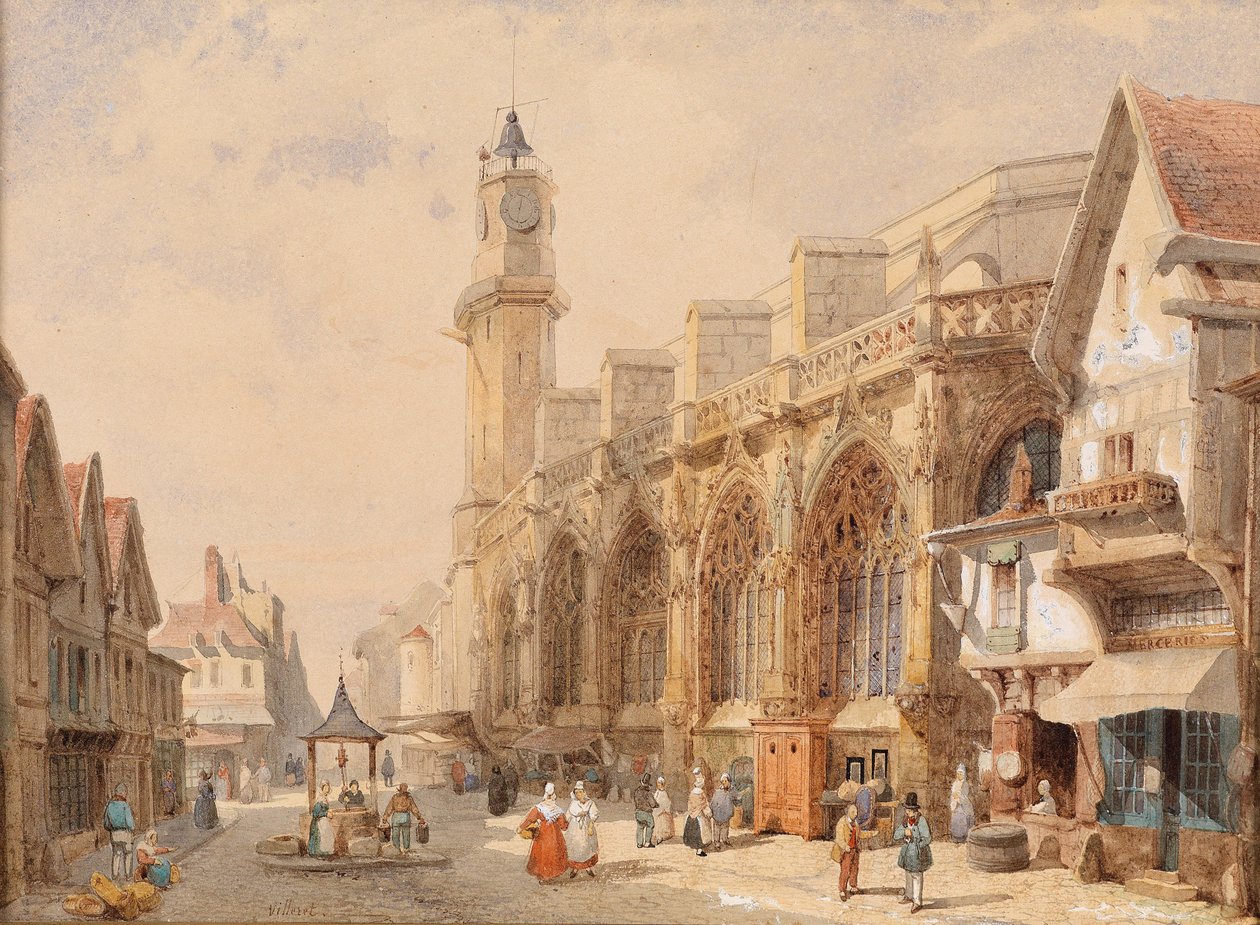 Calle de un pueblo francés con una catedral de Francois Etienne Villeret