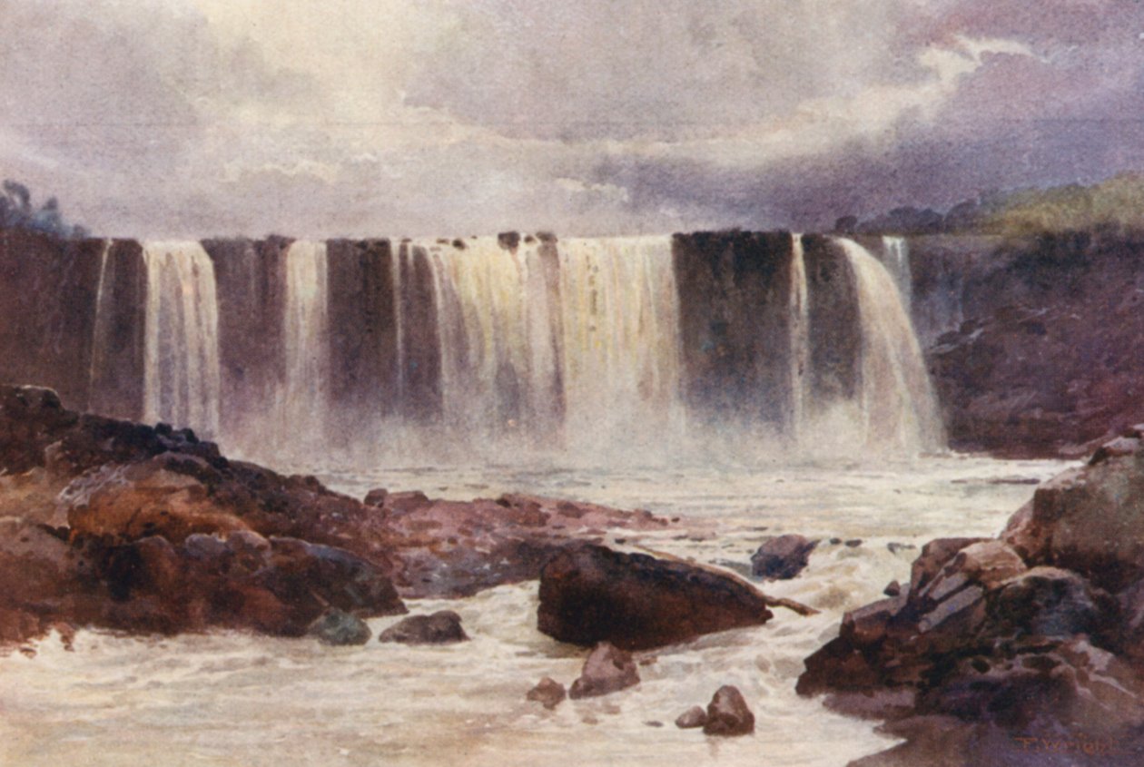 Nueva Zelanda: Cataratas Wairua (litografía en color) de Frank H Wright