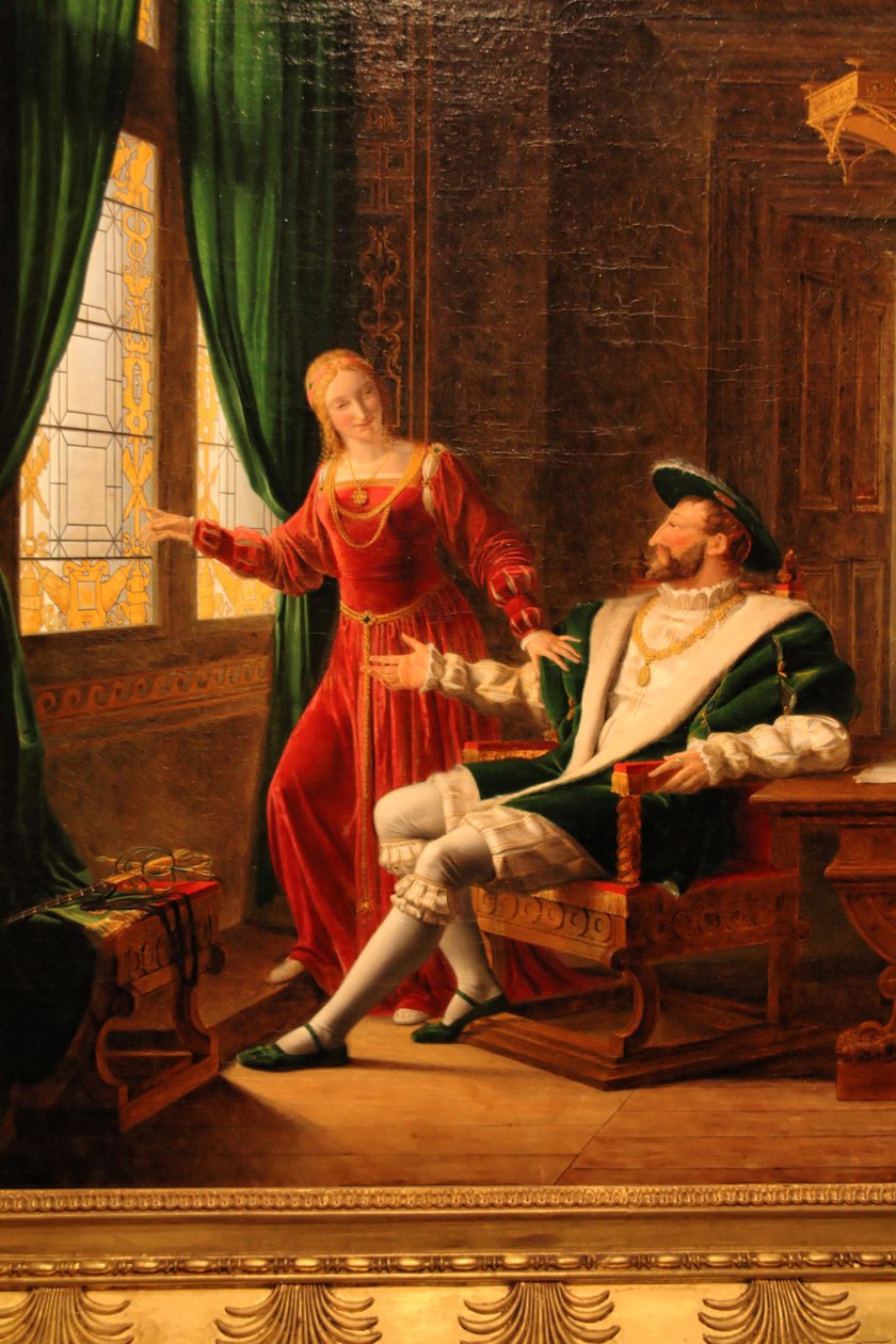 Francisco I muestra a Margarita de Navarra, su hermana, los versos que acaba de escribir en una ventana con su diamante de François Fleury Richard