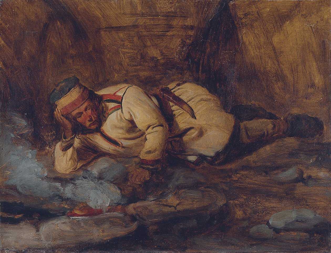 Un lapón durmiendo junto a un fuego de François Auguste Biard