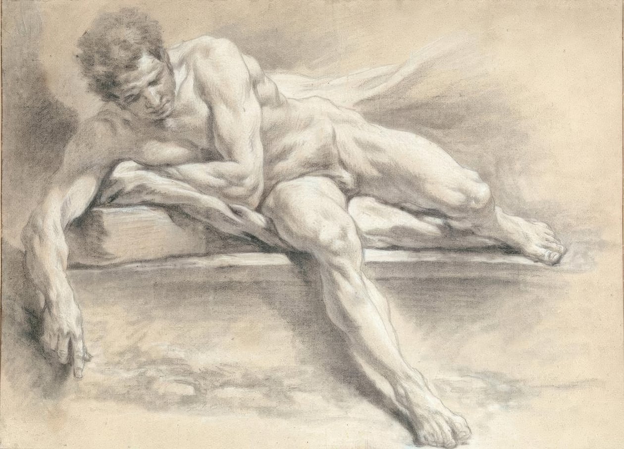 Estudio de desnudo de un hombre acostado en un banco de piedra de François Boucher
