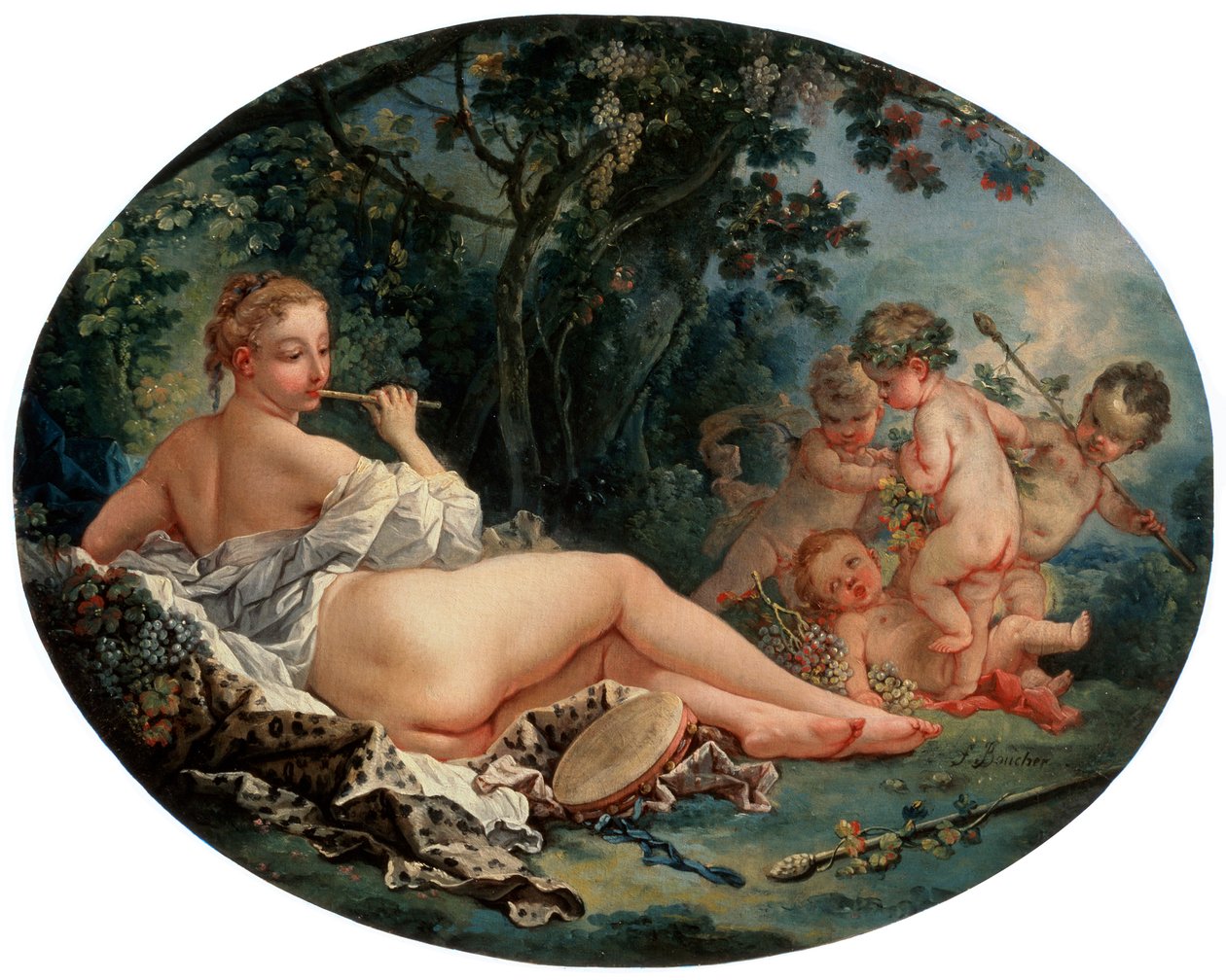 Bacante tocando una flauta de caña, siglo XVIII de François Boucher