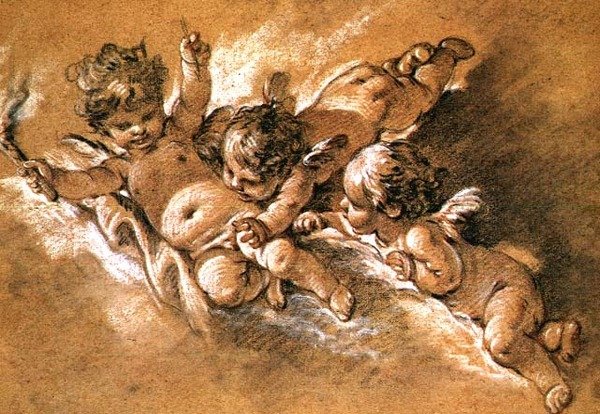 Tres putti en las nubes de François Boucher