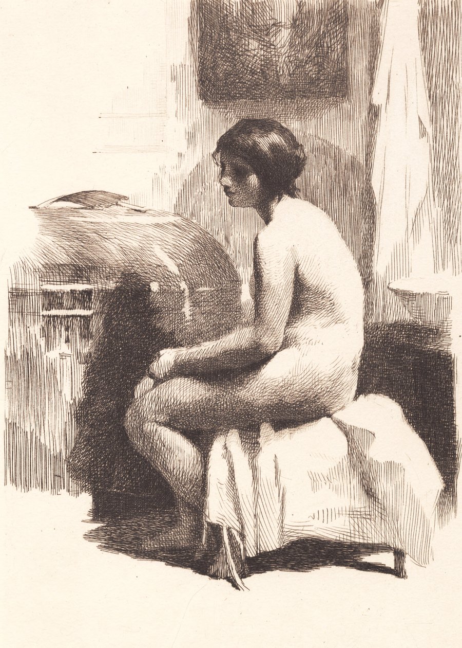 Modelo femenina desnuda, sentada en una habitación de Frans Schwartz