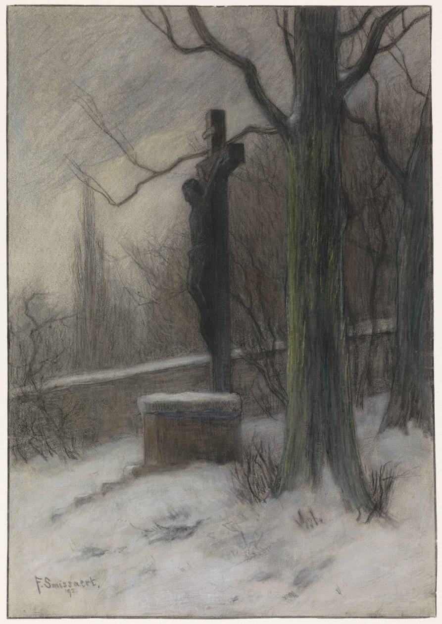 Crucifijo en un bosque nevado de Frans Alexander Evert Lodewijk Smissaert