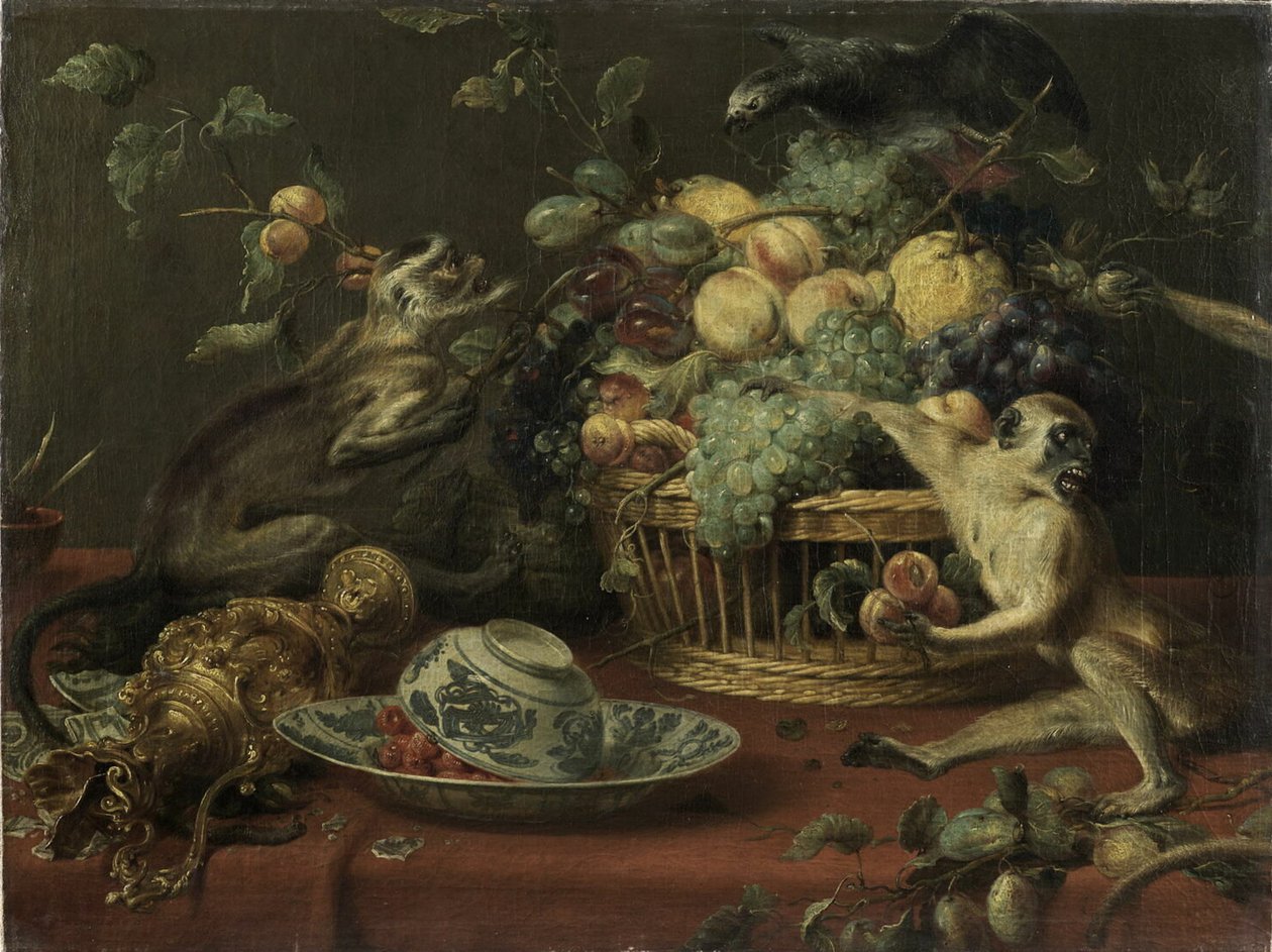 Monos y loro cerca de una cesta de fruta de Frans Snyders