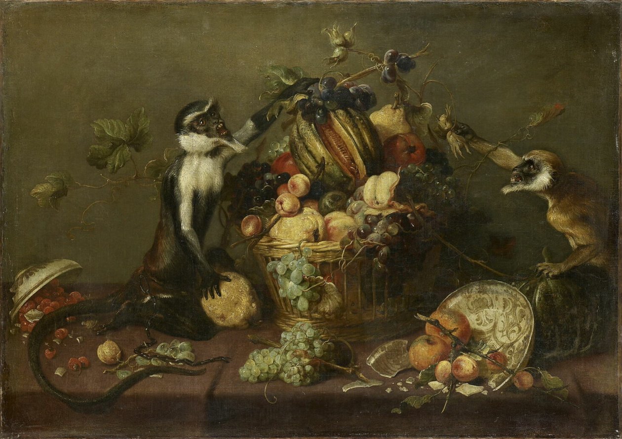 Dos monos asaltan una cesta de fruta de Frans Snyders