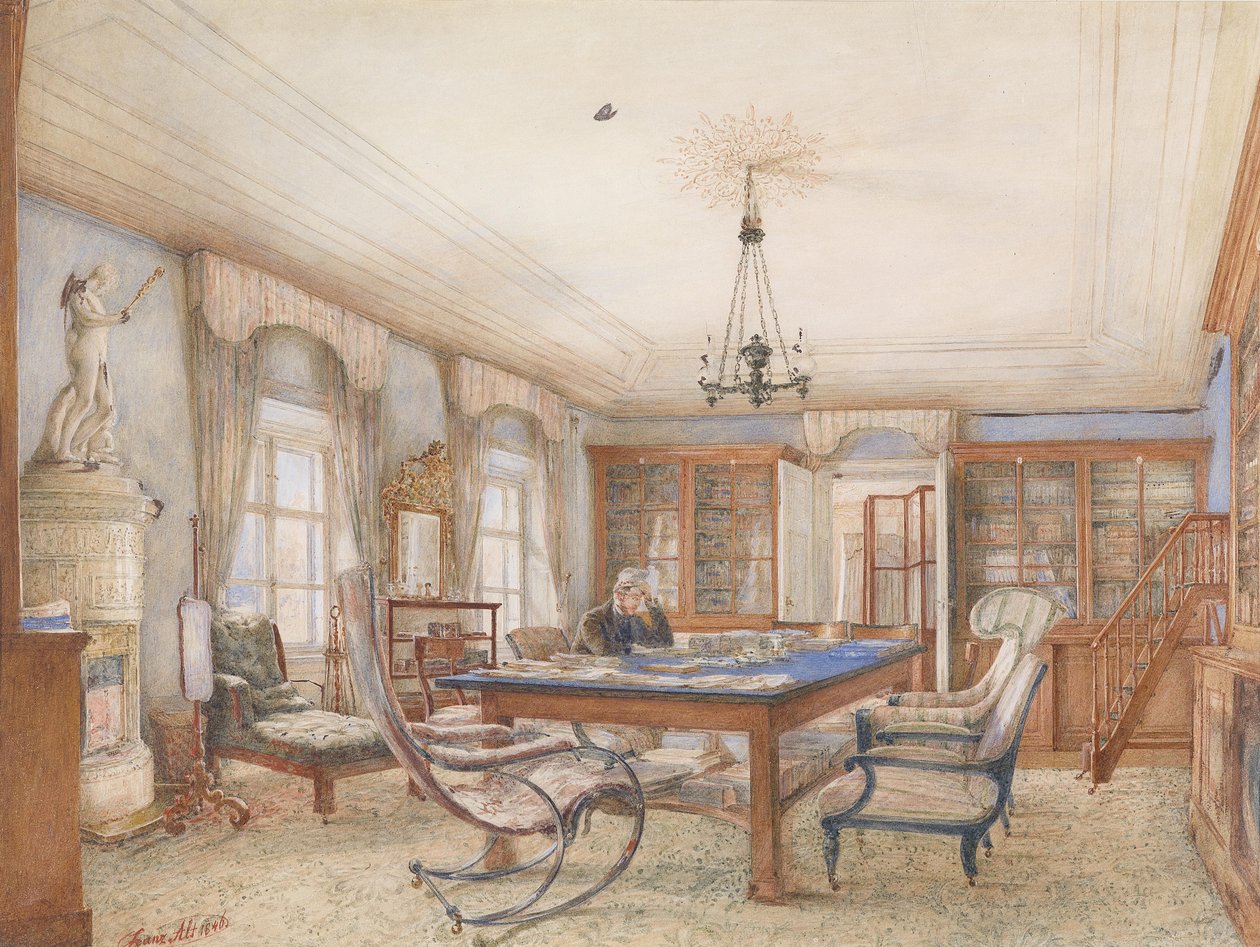 Interior Biedermeier con un hombre sentado en una mesa de Franz Alt