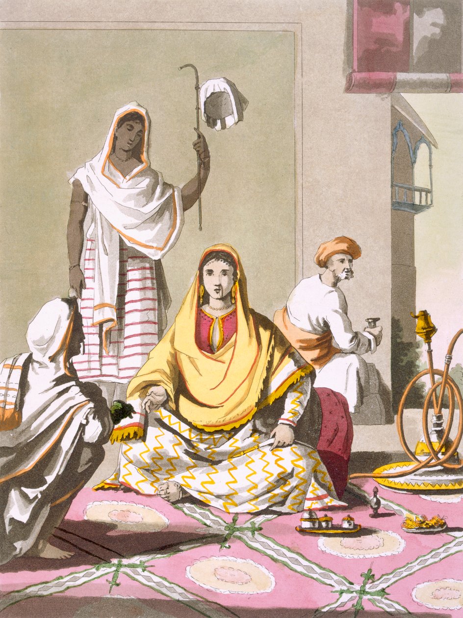 Mujer india en su atuendo, con invitados y sirvientes, de 