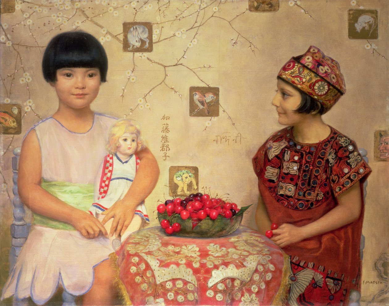 Dos niños con un cuenco de cerezas de Franz von Matsch