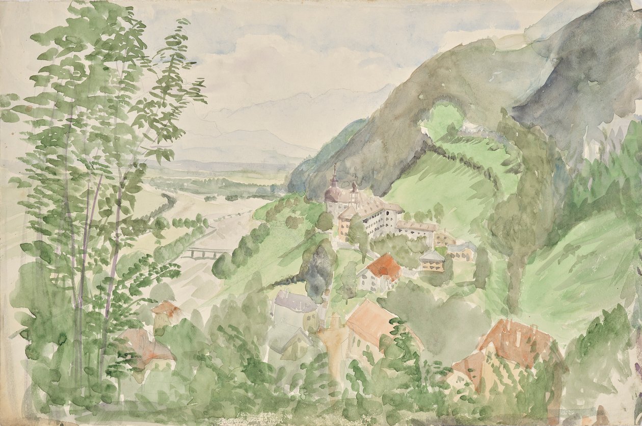 Paisaje fluvial en las montañas con un castillo. de Franz Barwig d. Ä.
