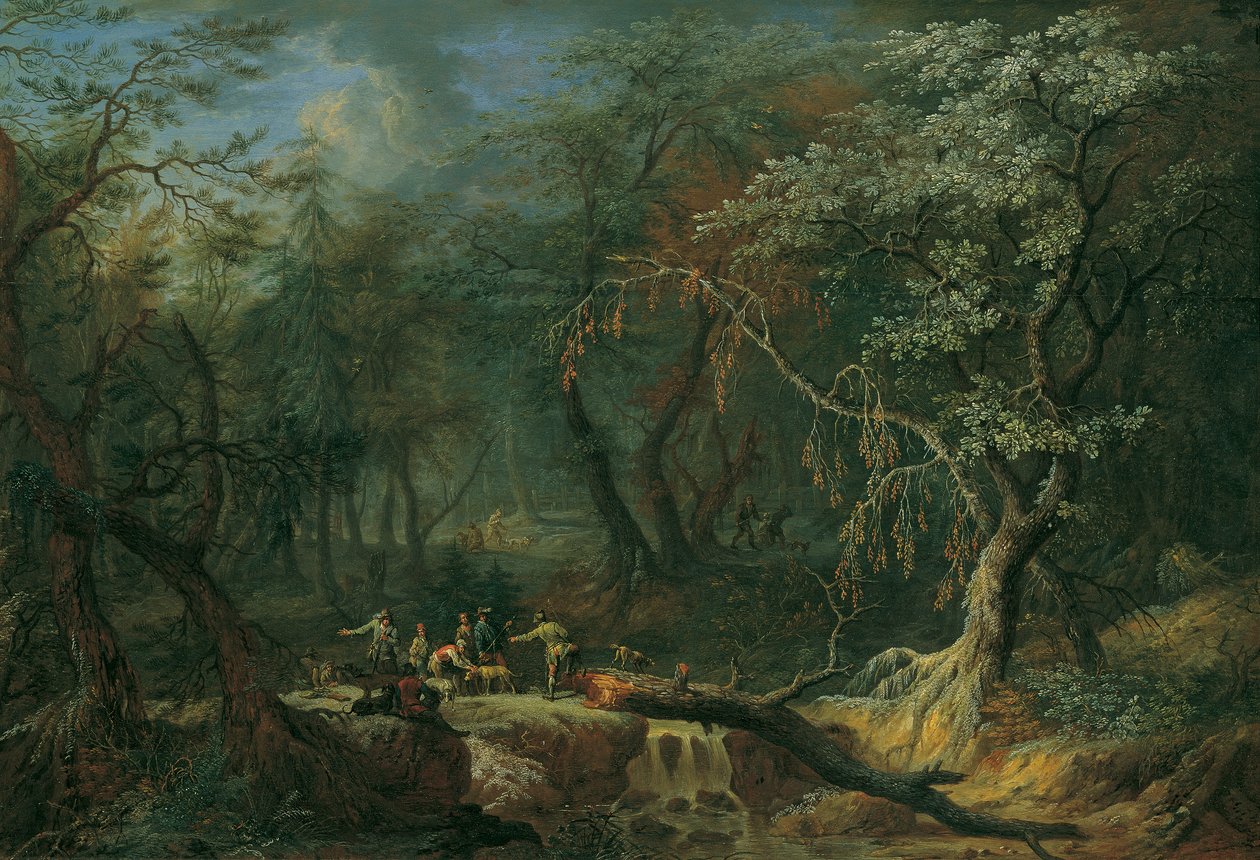 Paisaje forestal con un árbol caído y cazadores. de Franz Christoph Janneck