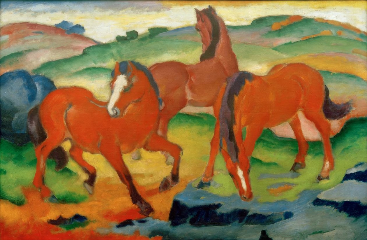 Los caballos rojos (Caballos pastando IV) de Franz Marc