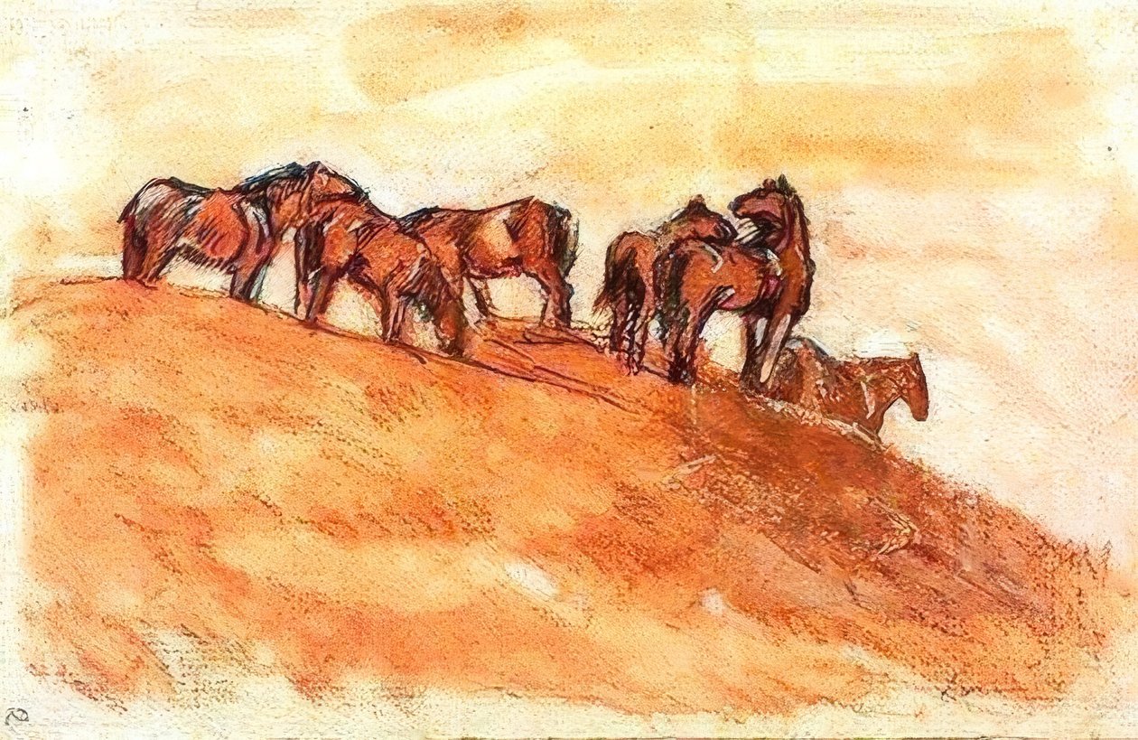Caballos en la cima de la montaña contra el cielo de Franz Marc