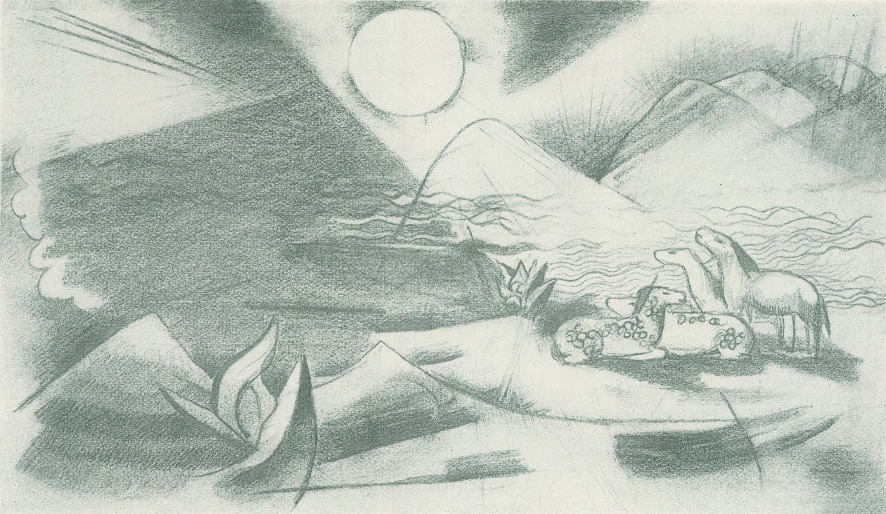 Paisaje prístino con sol, montañas, un grupo de caballos de Franz Marc