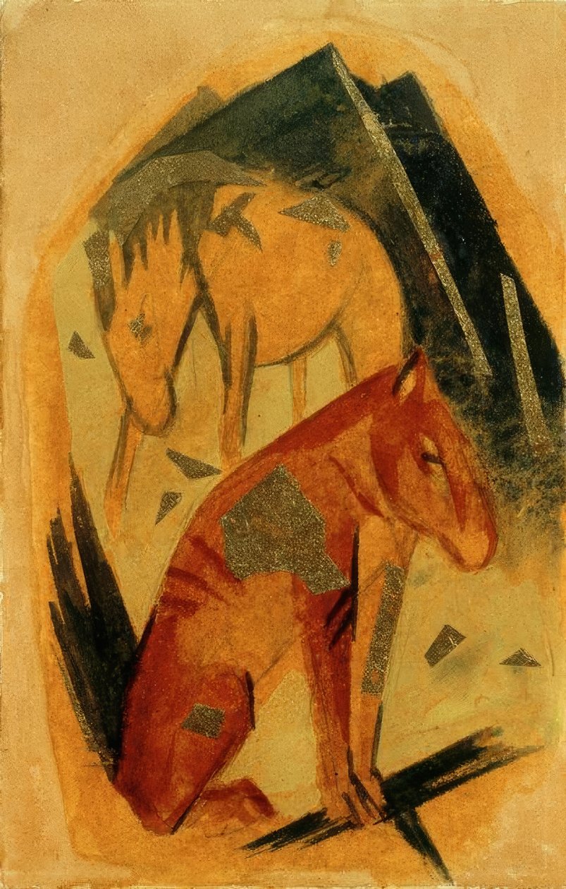 Dos caballos frente a una montaña azul de Franz Marc